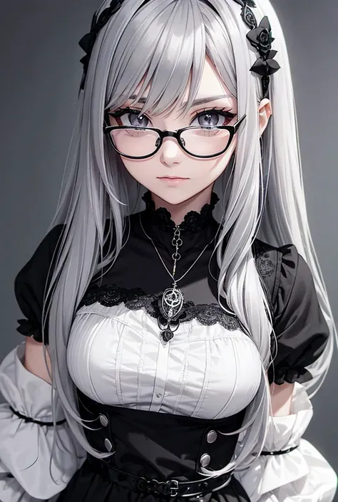 Gothic-style black and white clothing。Glasses that make you feel intelligent、Gray Hair、Silver Eyes。As accessories, I wear charm pendants that represent each MBTI type.。