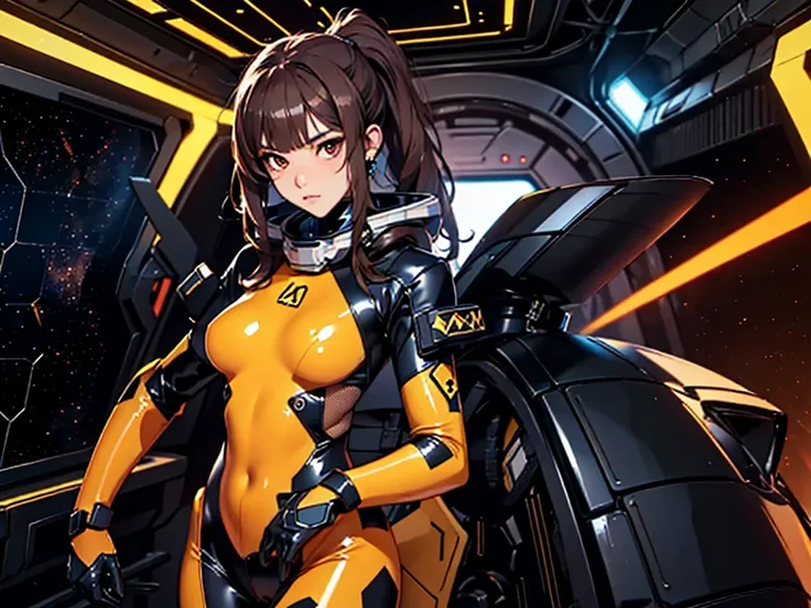 1girl, slender body, slim, extremely long ponytail, (dark brown hair), brown eyes, tan skin, ((ochre and black latex bodysuit)), (black armor), (((hexagonal mesh))), ((extremely glossy)), cyberwear, space background, starship interior, space cockpit
