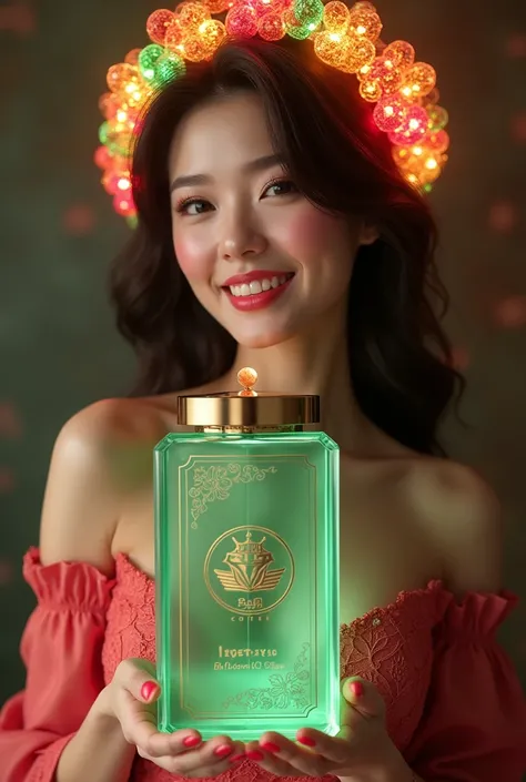 Super realistic, super detailed, close-up of a sexy, extremely beautiful full body woman holding a famous "Trung Nguyen Legend" brand coffee box made of jade crystal embossed with the words "Trung Nguyen Legend The No1 Coffee" in neon green and gold with a...