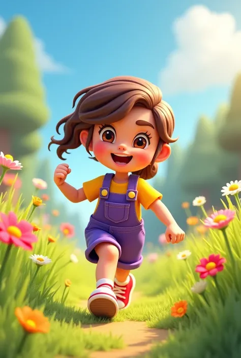 Image Prompt: "Lily, with wavy brown hair tied in a ponytail, smiling and wide-eyed with excitement. She wears a bright yellow T-shirt and purple dungarees, paired with red sneakers. The background is a sunny meadow with tall grass and flowers. She’s happi...