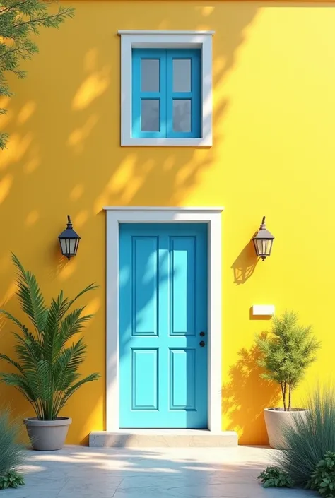 A yellow wall and a blue door and a window and a window above 