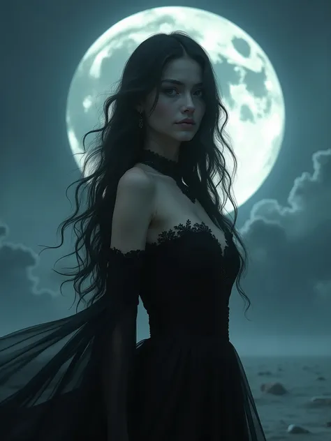 arafed woman in a black dress standing in front of a full moon, beautiful witch with long hair, haunting beautiful young woman, cinematic goddess shot, matte painting portrait shot, kramskoi 4 k, movie still 8 k, still from a fantasy movie, half-turned lad...