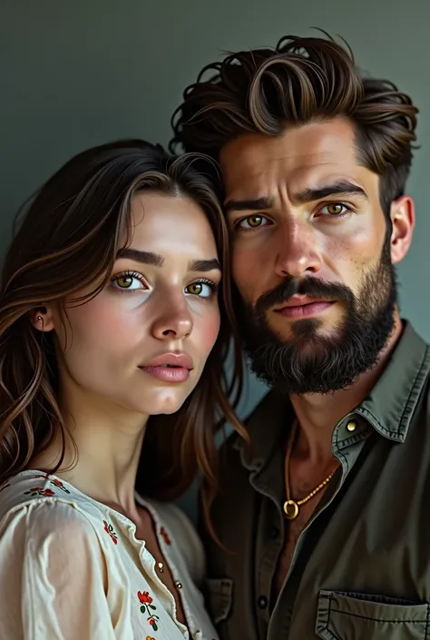 An almond-eyed millennial girl with a bearded man with short hair