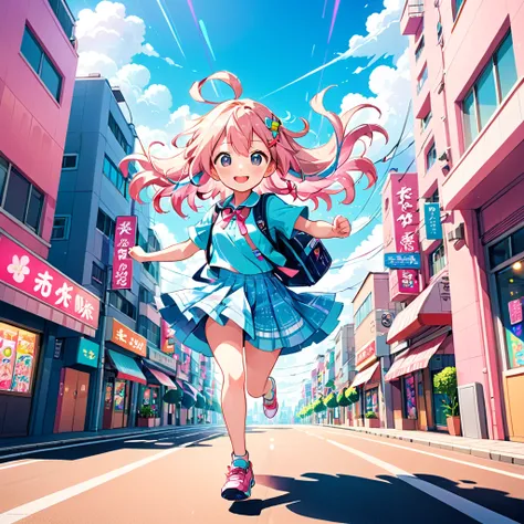 Chibi anime girl, running with a schoolbag, bright smile, large sparkling eyes, pastel color palette, dynamic pose, fluttering skirt, hair gently flowing, soft pink and blue sky, cute pixelated accents, fluffy pastel-colored clouds, whimsical and playful a...