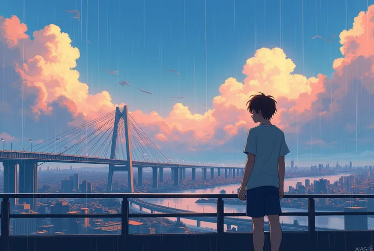 Odaiba view, in Anime art style, weathering with you