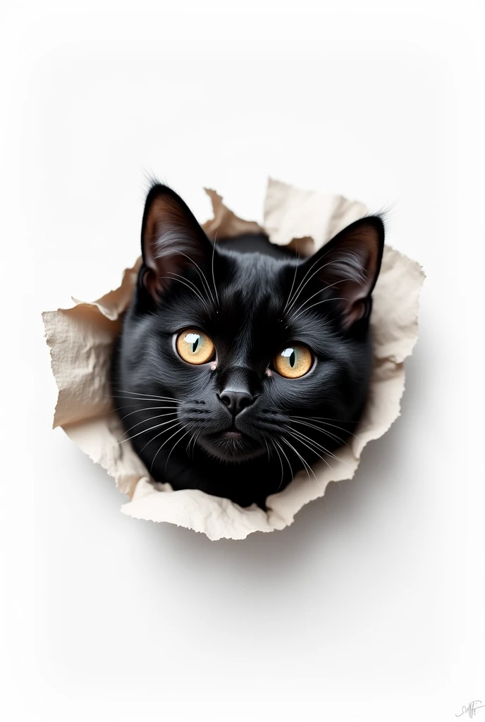 [A black cat] peering through a torn hole of paper, set against a white background, capturing a moment of whimsical surprise
