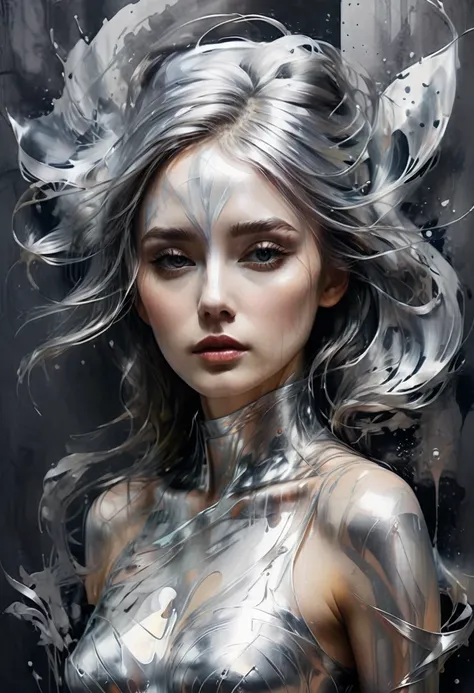 Beautiful woman covered in silver paint、Beautiful feminine lines, Conceptual installation art, Artistic photography, Surreal, Graphic CG Digital Art, Super detailed, ,  Best Quality、Winner of numerous awards, Ultra high definition, 