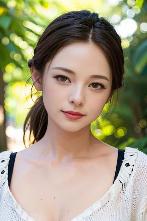 ((top-quality、8K、Photorealsitic, ​masterpiece:1.3)), 1 Japanese girl, hyperdetailed face, Detailed lips, (black eyes:1.4), light smile, (low ponytail:1.4),  dark Brown hair, Cleavage, halter shoulder white summer sweater:1.1, maxi length,  (Light Particles...