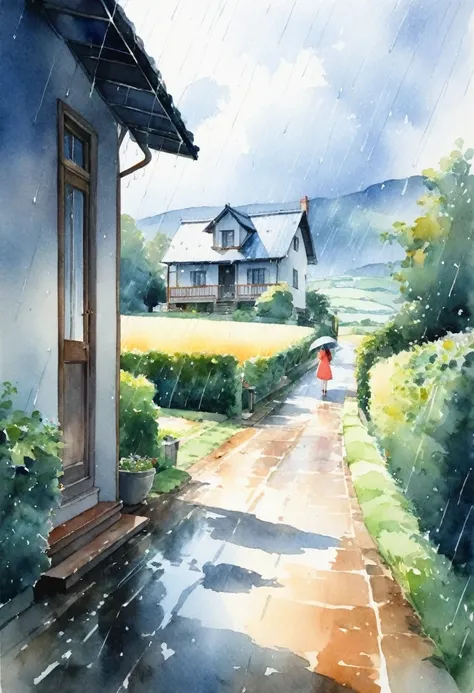 1 Girl、Bright screen、whole body、Watercolor、It rains、Private house、Country Road