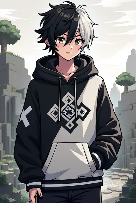 Pixel party, Black and white haired male character,wearing a black and white hoodie, background render minecraft, size 1280x1280