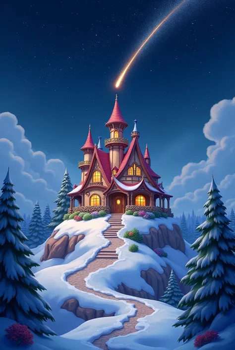 disney style house on snow mountain at night with stars in sky and shooting star