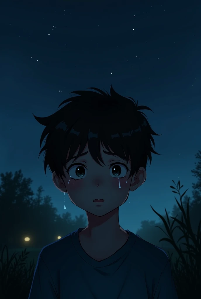 A boy is crying in night 