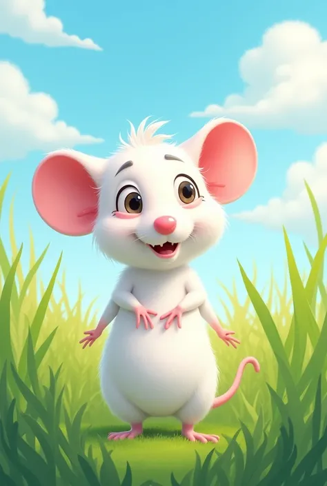 cartoon mouse and background is grass
and cloudy and mouse color is white
