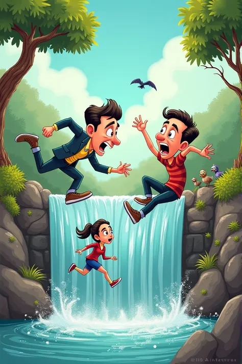 Create cartoon image show two man fall in dam for  a girl