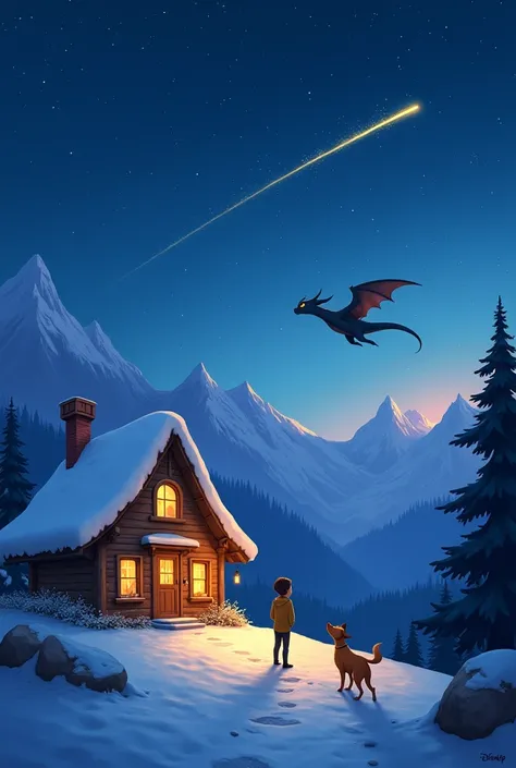 disney style house on snow mountain at night with stars in sky and shooting star. Add a dragon flying in the sky and a boy watching from the ground with his dog