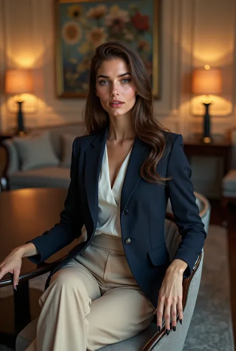 (((Masterpiece))), (((Highest quality))), ((Very detailed)), (photograph), High resolution, a hyper-realistic cinematic portrait of a woman with long, straight brown hair and blue eyes, dressed in an elegant, sophisticated outfit. She is wearing a tailored...