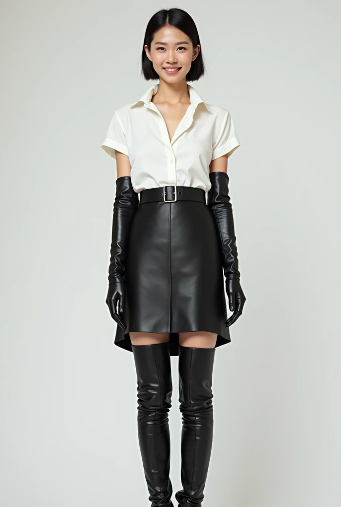 Beautiful Asian woman in a crisp white blouse and A-line leather skirt, wearing knee high, spike-heeled boots, long leather gloves, and an amused expression. Full body shot, all the way to the floor.