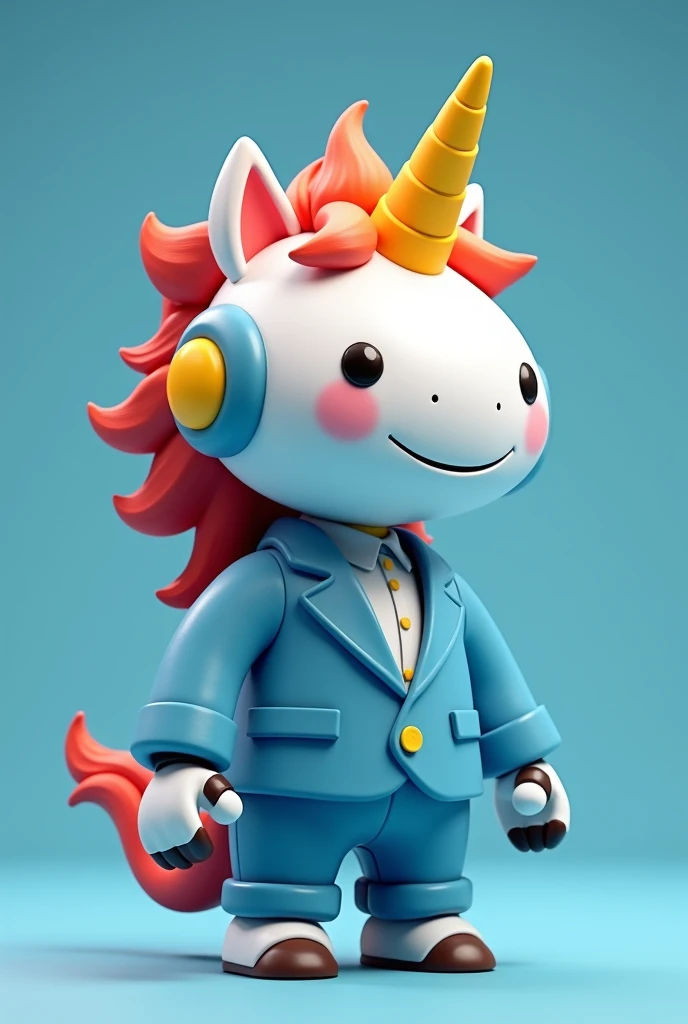 3D of Unicorn bot, Red Orange Steps Hair Mane, Yellow Horn, Portrait, Smile, with Blue Blazer Suit, blue background.3D Rendering, Blind Box Toy Style, Character Design, Unreal Engine, 