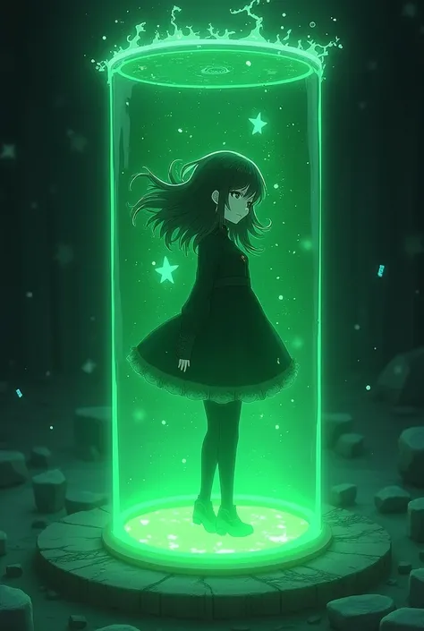 Cylinder filled with green liquid。Black Magical Girl。Painful expression。Anime Style。Hair floating in water