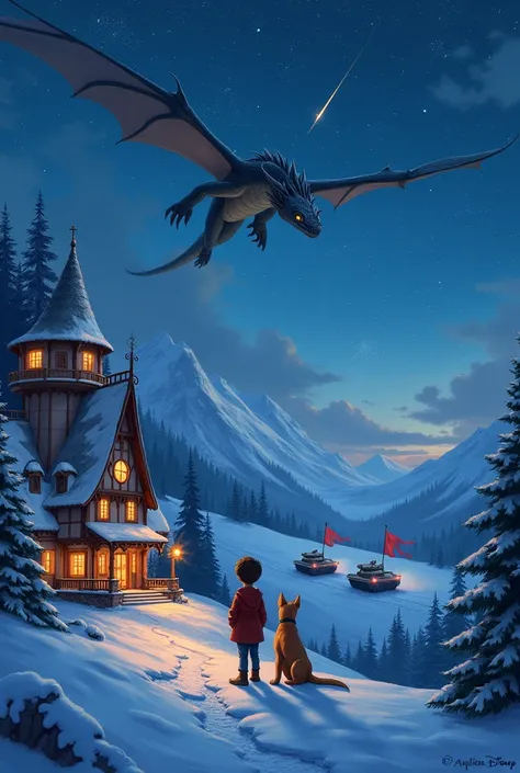 disney style house on snow mountain at night with stars in sky and shooting star. Add a dragon flying in the sky and a boy watching from the ground with his dog. Also tanks approaching towards the boy in distance with red flags