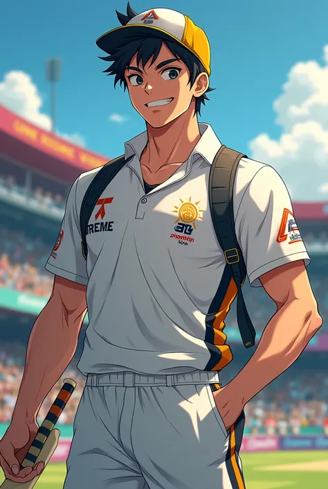 Make a image of a cricketer who is Fitness free and loves anime