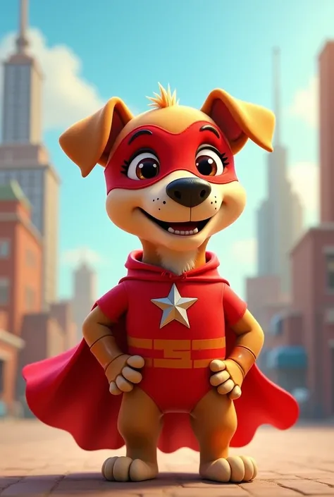 Create a cartoon dog wearing a red superhero costume in the style of Pixar