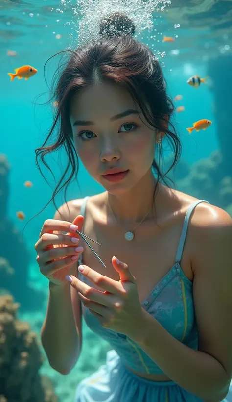 a beautiful girl,diving underwater,holding a small needle,looking at the needle proudly,underwater ocean scene,tropical fish,sea anemones,aquatic animals,medium shot,half body view,sparkling blue eyes,beautiful skin,light shining through water,(best qualit...