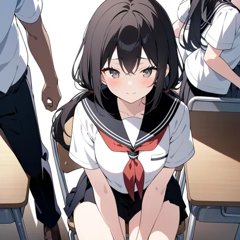 High resolution, 8k, best quality, masterpiece, ultra detailed, anatomically correct, anime,
(1 girl sitting in a chair:1.5), (bent over:1.2), (arms on desk:1.5), (school desk in front:1.2),
She has very long low twintails with red ribbon, very long low pi...