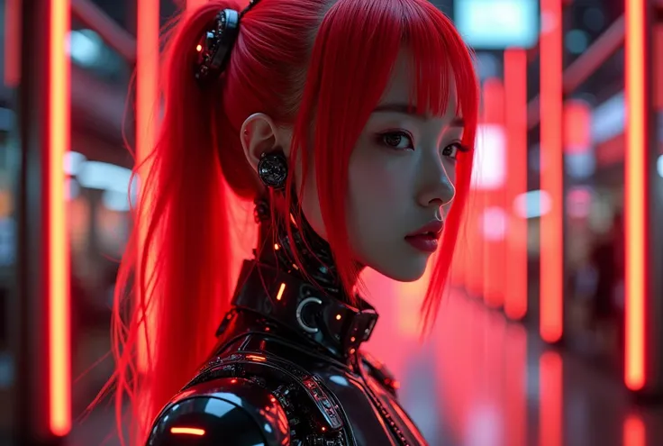 Create a highly detailed, ultra-high-quality portrait of a Japanese female android with hair entirely made of glowing red neon tubes. Each strand of her hair should be a vibrant, unified red neon light, creating a striking and cohesive cybernetic appearanc...