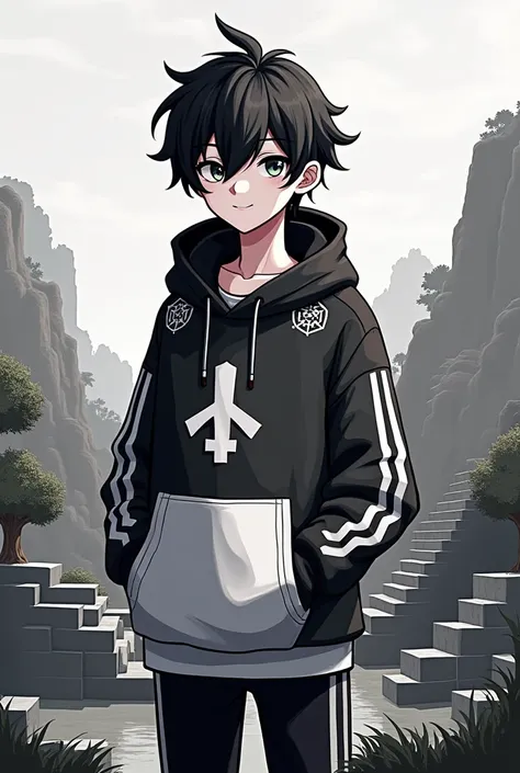 Pixel party, Black and white haired male character,wearing a black and white hoodie, background render minecraft, size 1280x1280