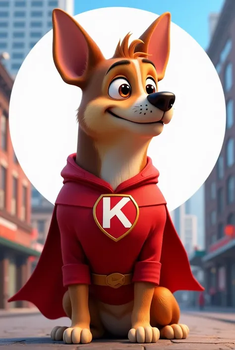 Create a cartoon dog wearing a red superhero costume in the style of Pixar, there should be K letter symbol on the chest in red font and the k should have a white circular background 