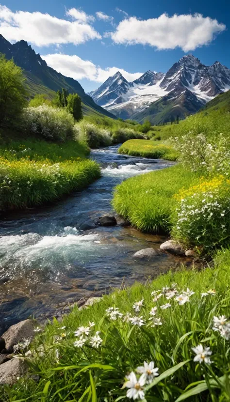 Generate a super-realistic image of a mountain river flowing through a lush valley in springtime. The water is crystal-clear, rushing over smooth rocks, with small waterfalls and pools forming along the way. The banks of the river are lined with bright gre...