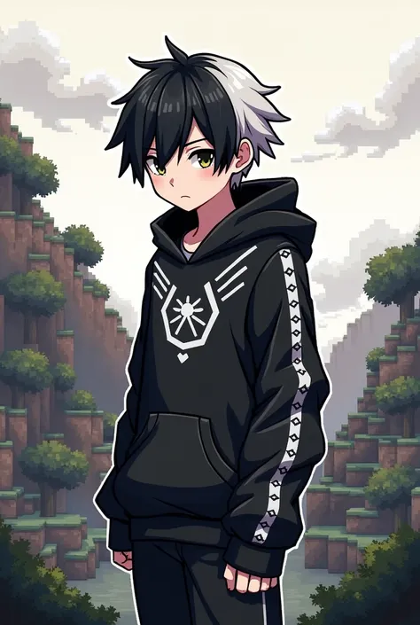 Pixel party, Black and white haired male character,wearing a black and white hoodie, background render minecraft, size 1280x1280