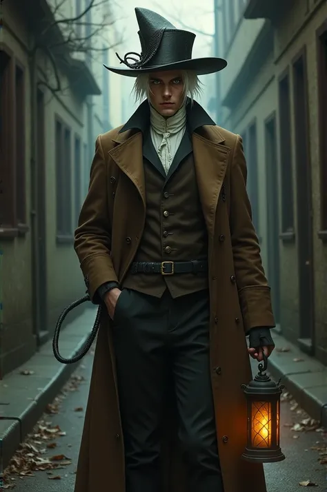 Make a 19th century suit style image: make a man in an alley he has white hair brown skin in his eye he has a vitiligo scar white color has red eye and another yellow he is wearing a big brown coat and has a tail that at the end has a lantern and wears a G...