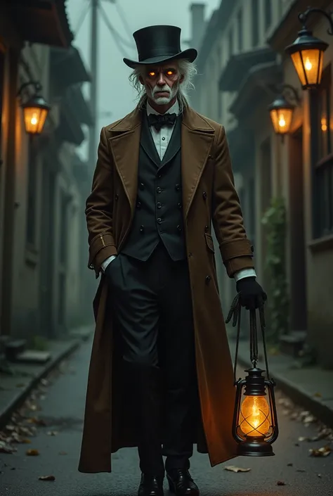 Make a 19th century suit style image: make a man in an alley he has white hair brown skin in his eye he has a vitiligo scar white color has red eye and another yellow he is wearing a big brown coat and has a tail that at the end has a lantern and wears a G...