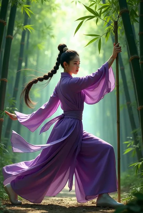 Ultra HD, 1 Full body shot of a woman in purple Chinese dress holding a green bamboo stick, green bamboo leaves flying around woman, dynamic pose, in the green bamboo forest, martial arts, hairstyle, lighting from the front