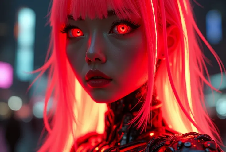 Create a highly detailed, ultra-high-quality portrait of a Japanese female android with hair entirely made of glowing red neon tubes. Every strand of her hair should be a vibrant, unified red neon light, giving her a powerful and cohesive cybernetic appear...