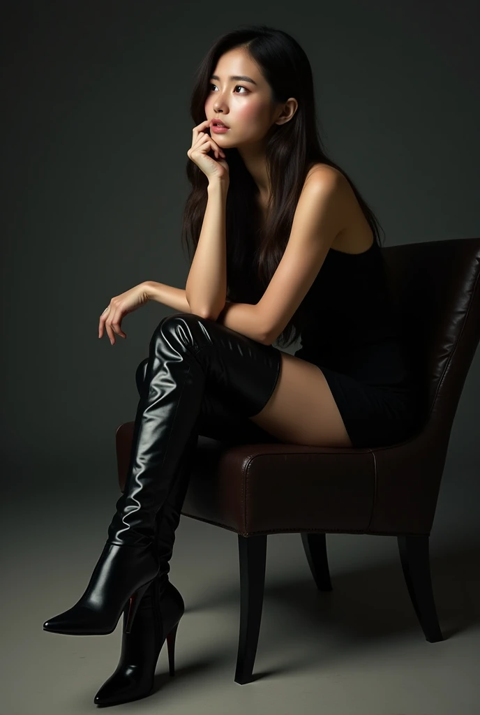 Beautiful Asian woman sitting in a chair with legs crossed and one foot dangling. Shes wearing knee high leather boots with five inch heels and no platform. 