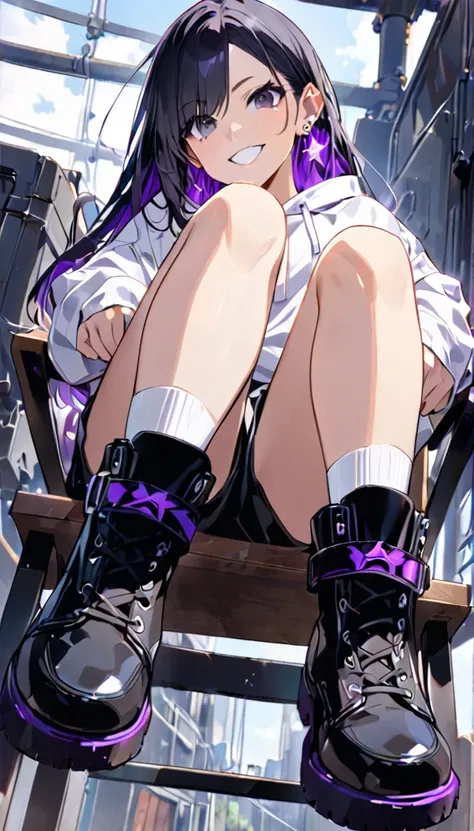 A woman is sitting on a chair,Focus on the feet, Grin， Black Hair,Hair has purple inner color,Long Hair,Silver earrings on both ears,Jet Black Eyes,Star-shaped eyes,Lifted eye corners,White socks,Engineer Boots,2 Foot,White sweatshirt,Shorts,Close up of th...