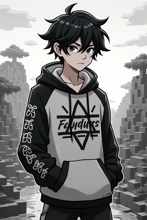 Pixel party, Black and white haired male character,wearing a black and white hoodie, background render minecraft, size 1280x1280