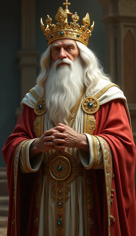 elderly man, king,Gold Crown ,precious stones in the crown,white beard and hair,biblical royal garments,
Melquisedeque king de Salém 