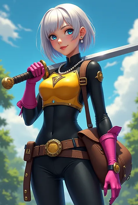 (masterpiece, best quality:1.1), thief (dq3), 1girl, solo, short hair, white hair, blue eyes, medium breasts, pink gloves, jewelry, pearl necklace, earrings, belt, sword, yellow breastplate, black bodysuit, bag, (coin, sword on hip:1.2), (dutch angle, dyna...