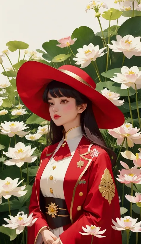 woman、beauty、aristocratic costumes of the 1980s、red suit with white collar and gold buttons、white hat、lots of flowers、pure conne...