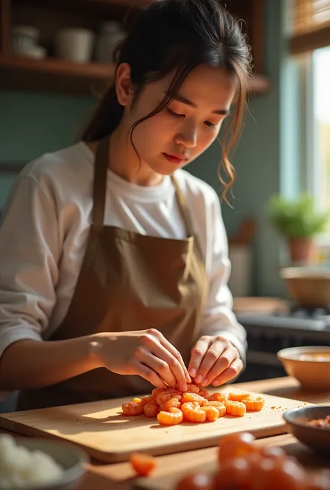 A young woman is kneading shrimp