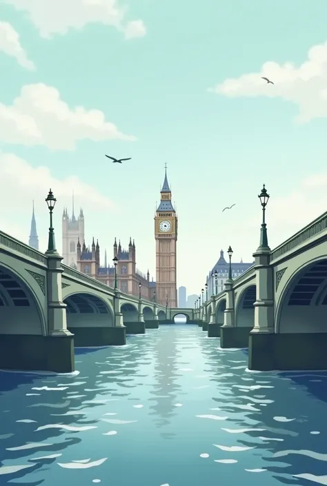 Anime art style, weathering with you anime art style, London view from another side of a river, where Beg Ben is at, Westminster, Central London, next to the river Thames. pastel colour to the image