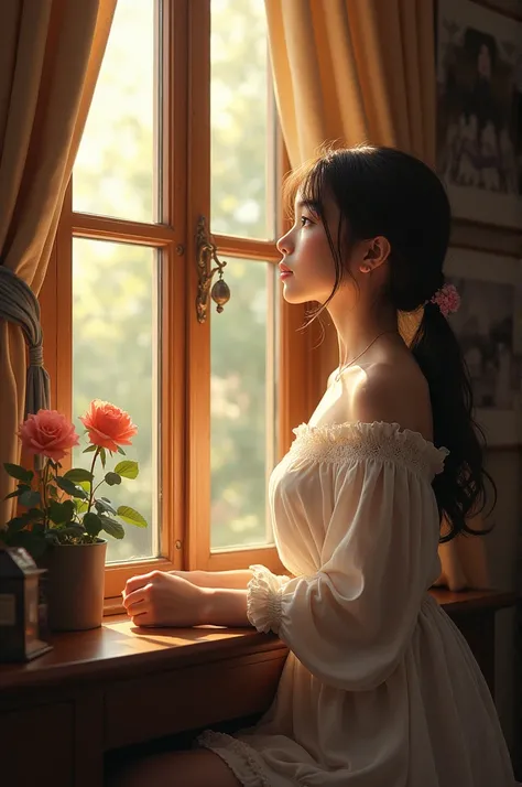 Beautiful a girl in room view window 