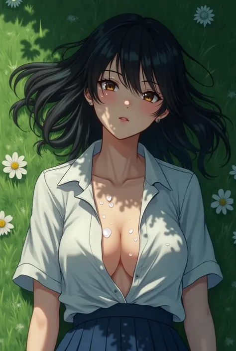 A young woman in high school uniform, lying on the grass near the garden, his uniform was open with one button above it, there are drops of milky white fluid on his chest, and the front part/there are drops of  on the face