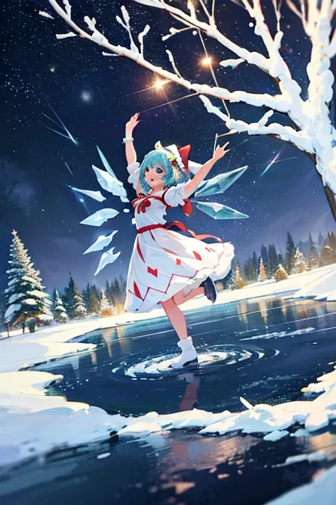 Cirno dancing on a quiet lake at Christmas　White Christmas　quiet night lake　Powdery snow falls　Christmas tree　Christmas Cake　illumination　Meteor Shower　