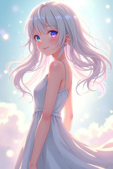 White Hair、Gradient hairstyle、Shiny Hair、 smile, White dress、High resolution, masterpiece, Winner of numerous awards, 高quality, High-resolution model, Ultra high definition, Textured skin, Very detailed, quality, Character portrait, Sparkle Effect, anime, ...