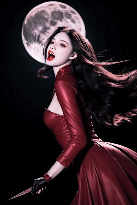 beautiful sexy vampire girl, mouth open, sharp ((fangs visible)). sharp eyes, pale skin, night background with moon.